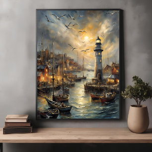 Poster Farol Costeiro e Aldeia Costeira Arte Sunset
