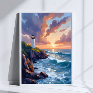 Poster Farol Costeiro Pôr do Sol Pintura da Praia Ocean