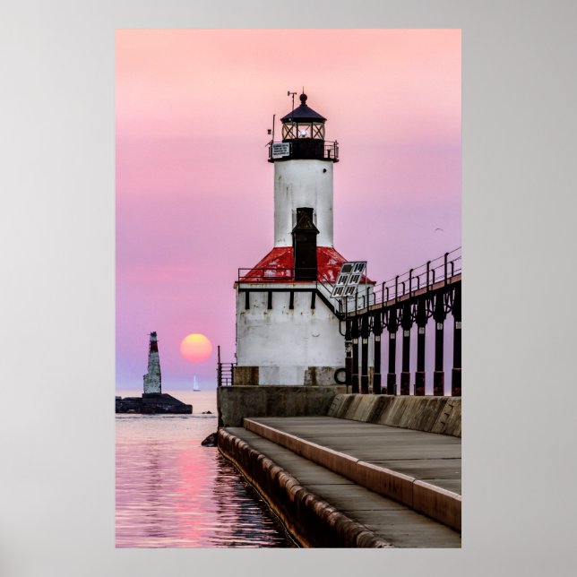 Poster Farol da cidade de Michigan e Sailboat do Sol (Frente)