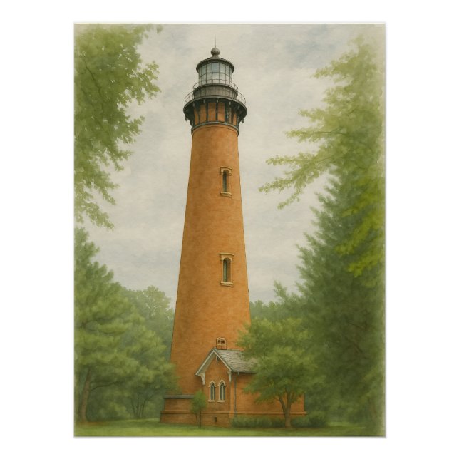 Póster Farol da Praia de Currituck em Aquarela (Frente)