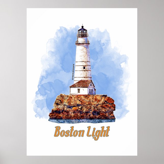 Poster Farol de Boston Light Aquarela - Massachusetts (Frente)