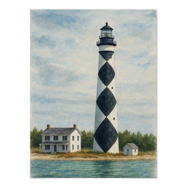 Póster Farol de Cape Lookout em Aquarela (Frente)