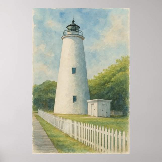 Poster Farol de Ocracoke em Aquarela (Frente)