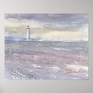 Poster Farol de Odesa e aquarela de água cinza preta do M