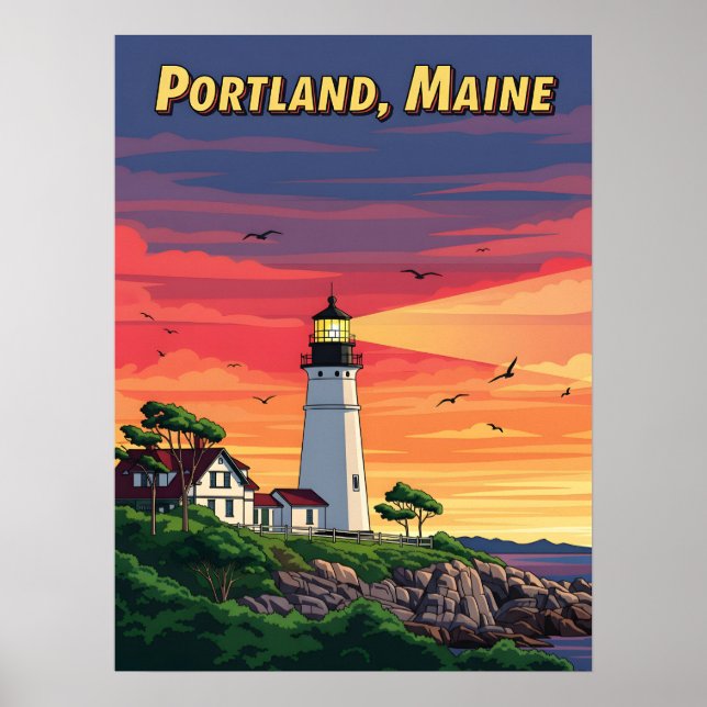 Poster Farol de Portland Maine no pôr do sol (Frente)