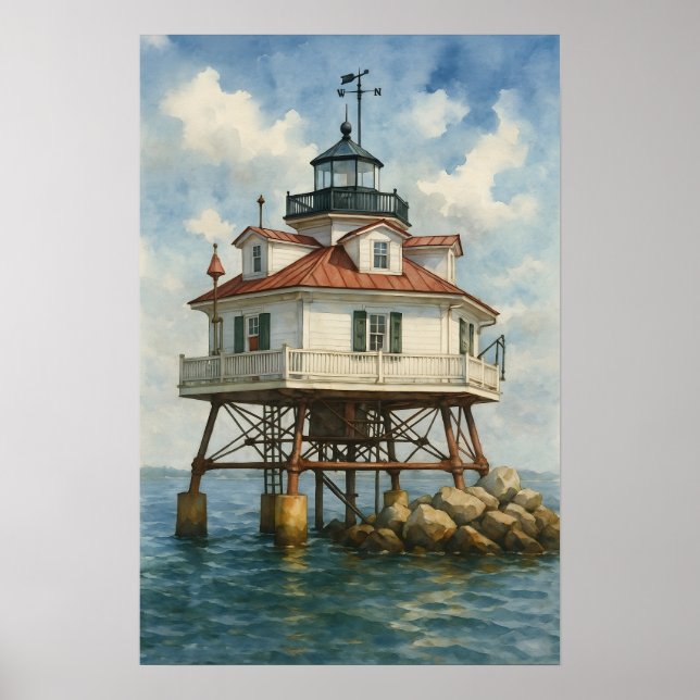 Poster Farol de Thomas Point Shoal Aquarela (Frente)
