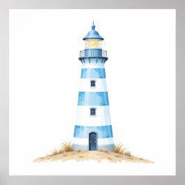 Poster Farol em Aquarela Azul e Branco