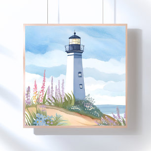 Poster Farol em Flor Floral Aquarela Costeira