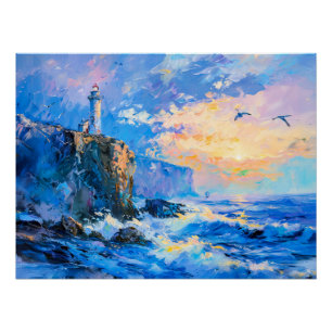 Póster Farol na Costa Rochosa Impressionista do Mar