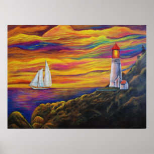 Poster Farol na Montanha do Planalto Sunset Sailboat