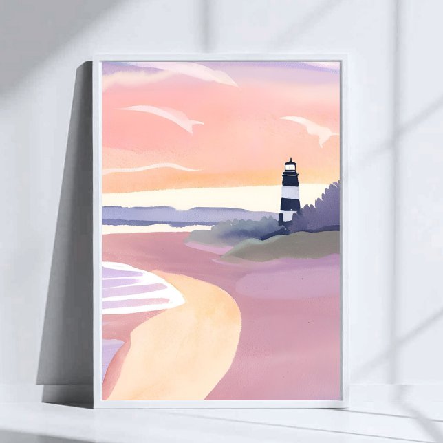 Poster Farol Pastel | Aquarela da Costa da Praia (Criador carregado)