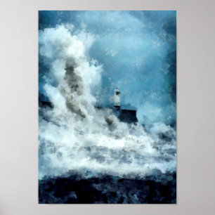Poster Farol perdido num Abstrato de mar furioso Paisagem