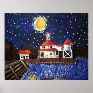 Póster Farol Preto da Noite Estrelada