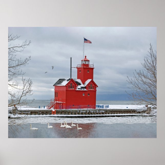 Poster Farol Red Michigan Grande Com Cisnes (Frente)