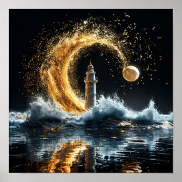Poster 🌙 Farol sob a Lua Dourada Noite Costeira