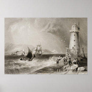Póster Farol sul da parede com monte de Howth