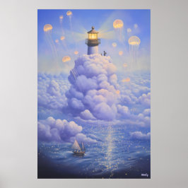 Poster Farol surreal nas nuvens e águas-vivas