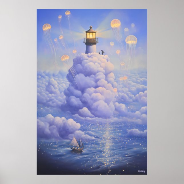 Poster Farol surreal nas nuvens e águas-vivas (Frente)