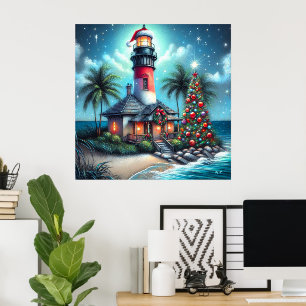 Poster Farol Tropical de Natal Whimsical Vermelho Teal