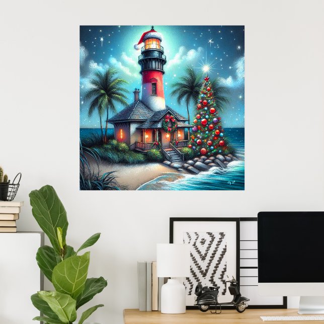 Poster Farol Tropical de Natal Whimsical Vermelho Teal (Escritório em casa)
