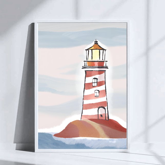 Poster Farol Vermelho e Branco | Aquarela de Oceano de Pr (Criador carregado)