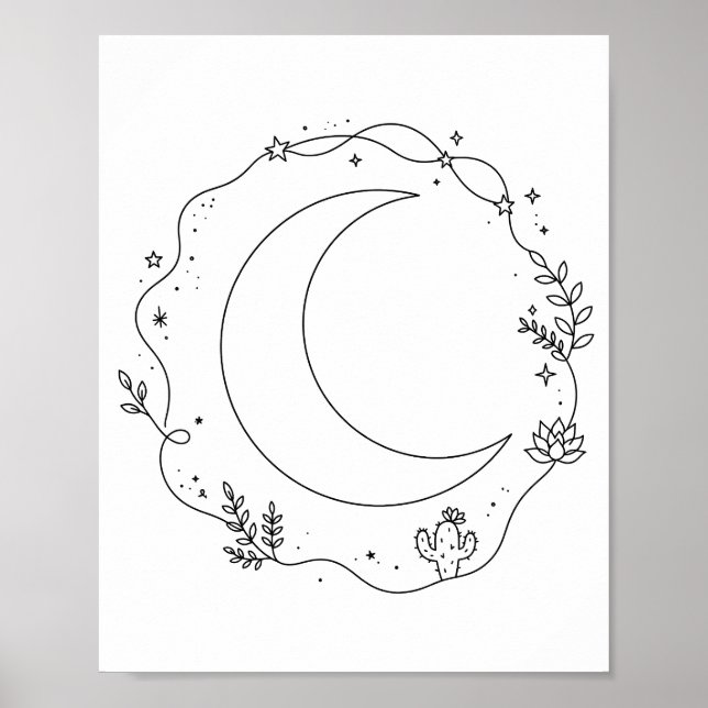 Poster Fases da Lua Boêmia em Arte de Linha Decoração Cel (Frente)