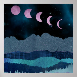 Poster Fases da Lua Rosa na Paisagem