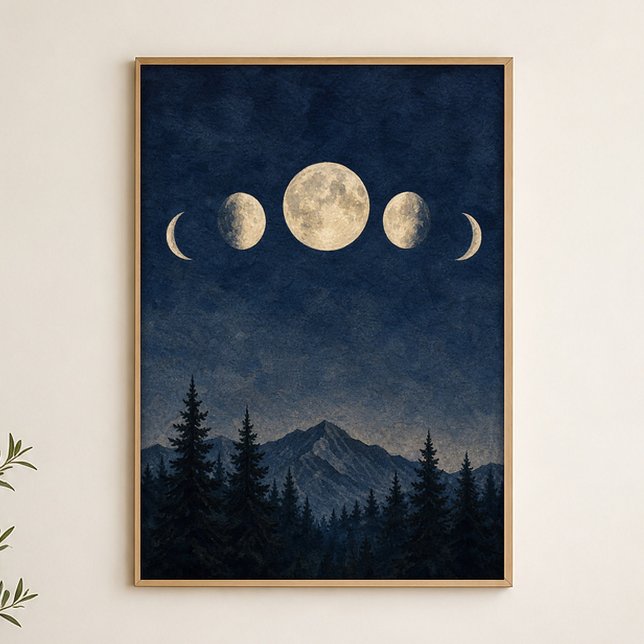 Poster Fases da Lua Sobre o Cartaz de Aquarela da Crista (Shown framed for scale. Poster ships unframed; frames are an optional add-on.)