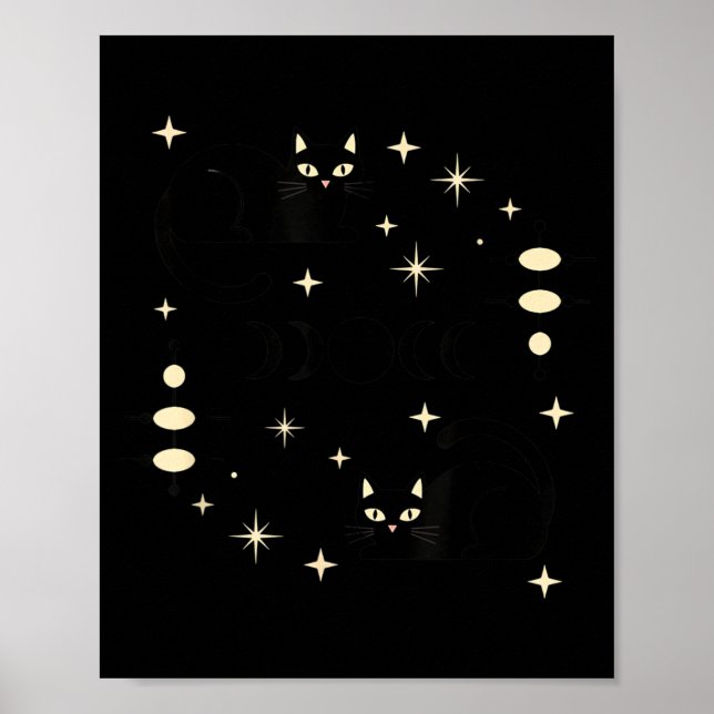 Poster Fases da Lua Witchy Gato Celestial Arte de Gato Pr (Frente)
