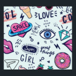 Poster Fashion Patch: Pop Art Stickers.<br><div class="desc">Crachás de adesivos de moda. Padrão sem costura com adesivos de menina cor-de-rosa no estilo de pop, para os têxteis. moda Têxteis de fundo granulados modernos, impressões, produtos de papel, a Web. O padrão das meninas é a moda, com adesivos cor-de-rosa no estilo de pop! Etiquetas rosa fascináveis no estilo...</div>