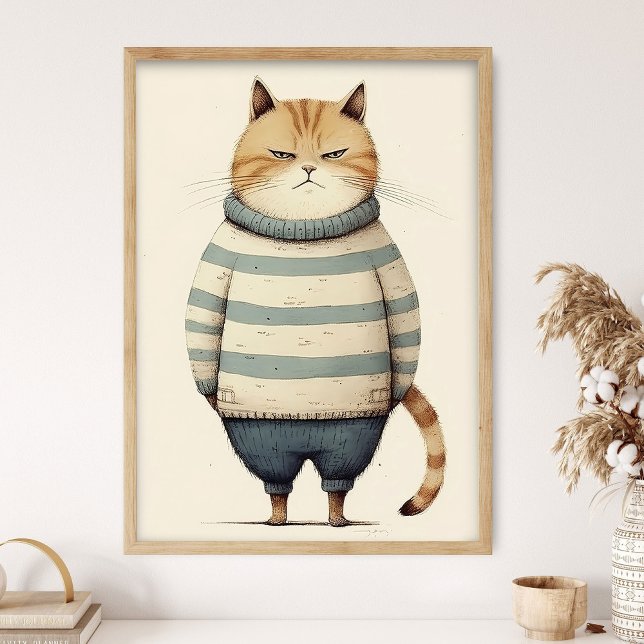 Poster Fat Ginger Cat In Blue Sweater, Funny Cat Decor,  (Criador carregado)