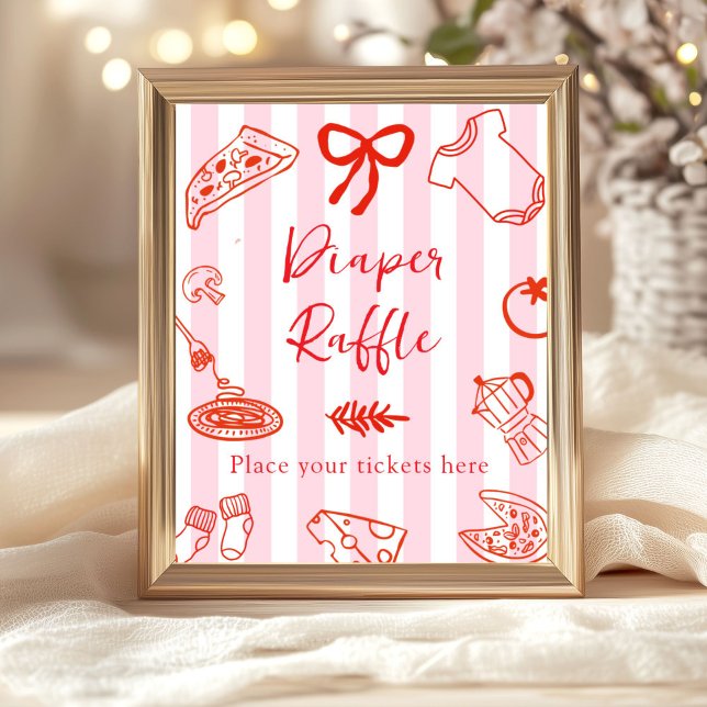 Poster Fatia Bebê Fraldas Sorteio Chás de Bebê (Red and pink Diaper Raffle baby shower sign)