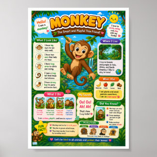 Poster Fatos Divertidos Sobre Macacos Para Crianças