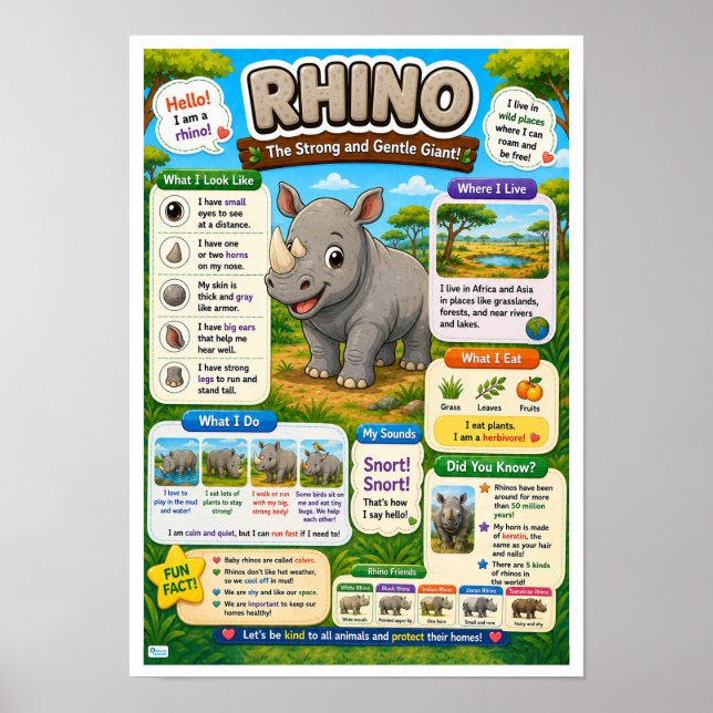 Poster Fatos Divertidos Sobre Rinoceronte Para Crianças (Frente)