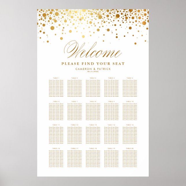 Poster Faux Gold Foil Confetti Plano de Casamento Branco (Frente)