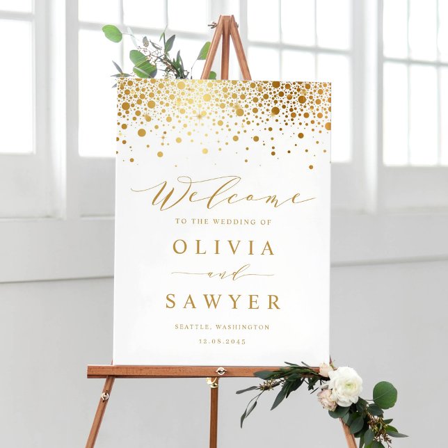 Póster Faux Gold Foil Confetti Pontos Bot Sinal de Boas-v (Faux Gold Foil Confetti Dots Wedding Welcome Sign)