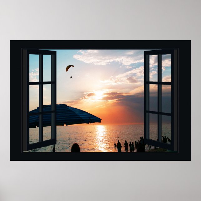 Poster Faux Window com Beach Sunset Ocean (Frente)
