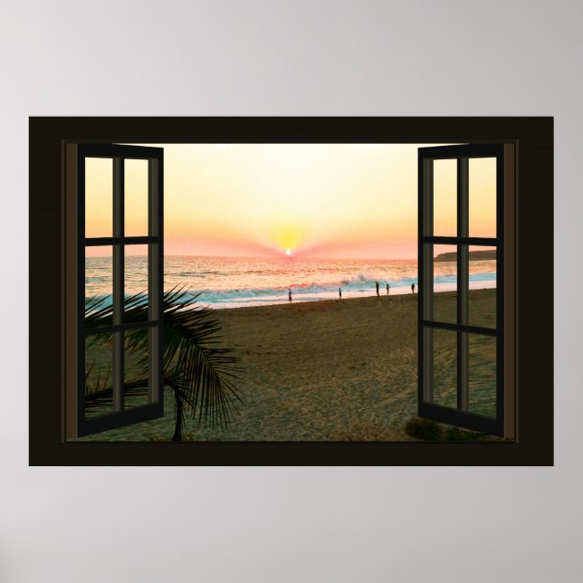 Poster Faux Window com Beach Sunset Ocean (Frente)