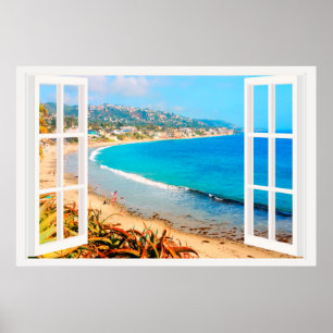 Poster Faux Window with Beach Ocean