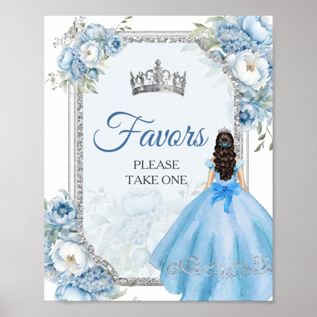 Poster Favor da Coroa de Prata Floral Azul Quinceañera (Frente)