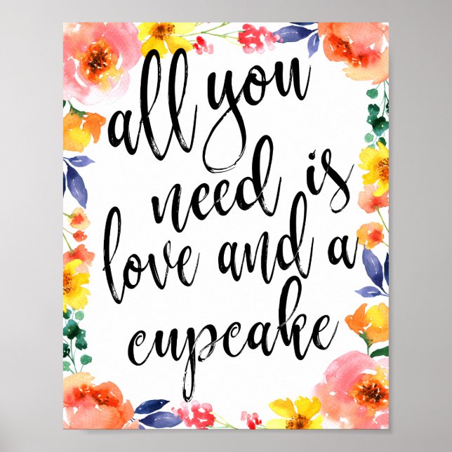 Póster Favor de Cupcake Sinal de 25x20 Floral Aquarela (Frente)