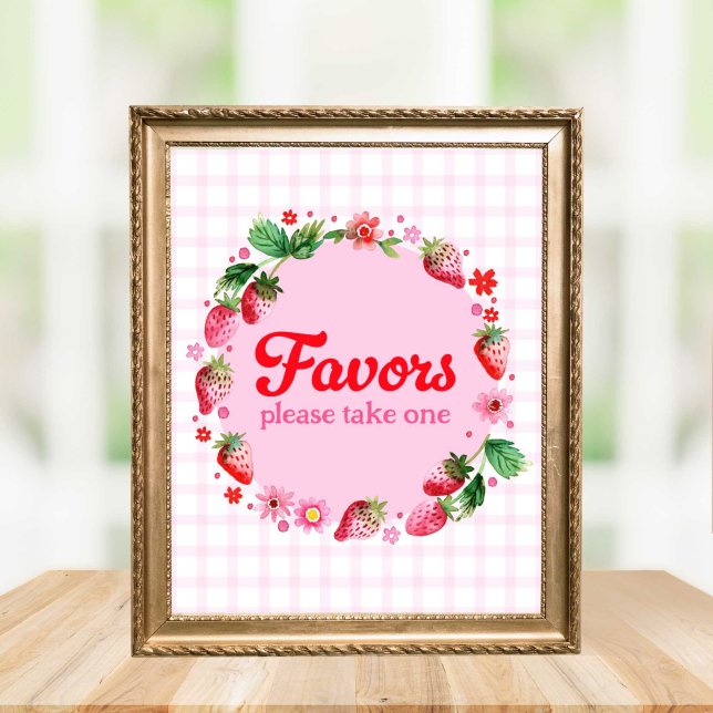 Poster Favor de Festa de aniversário de Morango de Aquare (Watercolor Strawberry Birthday Party Favor Poster)