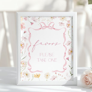 Poster Favor de Laço Rosa para Chá de Bebê com Flor Silve
