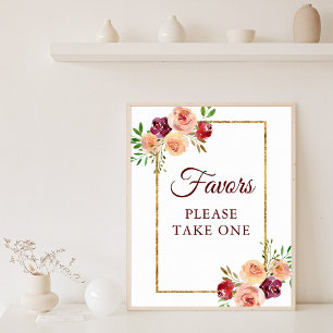 Poster Favor do Casamento de outono Floral Dourado Burgun