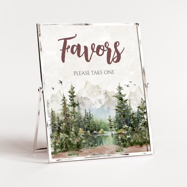 Poster Favor do Chá de fraldas das Montanhas Woodland (Let The Adventure Begin Baby Shower Favors Sign)