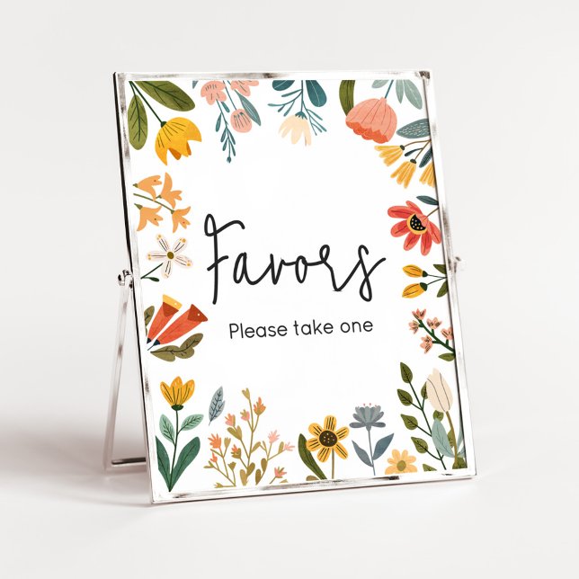 Poster Favor do Chá de fraldas de Flor Selvagem Botânica (Botanical Bright Wildflower Baby Shower Favor Sign)