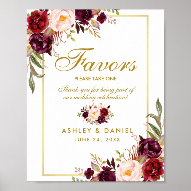 Poster Favores do Casamento Dourado Floral Burgundy (Frente)