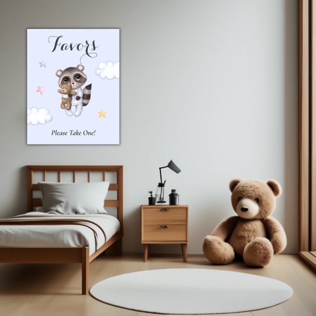 Poster Favores do Chá de fraldas Azul Gentle Boy Raccoon (Gentle Raccoon Animal Baby Shower Favors Poster)