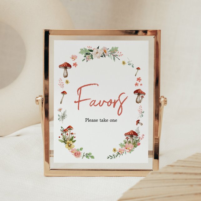 Poster Favores do Chá de fraldas de Cogumelo de Flor Selv (Enchanted Mushroom Baby Shower Favors Sign)