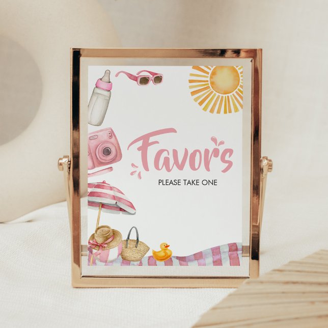 Poster Favores do Chá de fraldas de Verão de Praia Rosa (Splish Splash Baby Shower Favors Sign)
